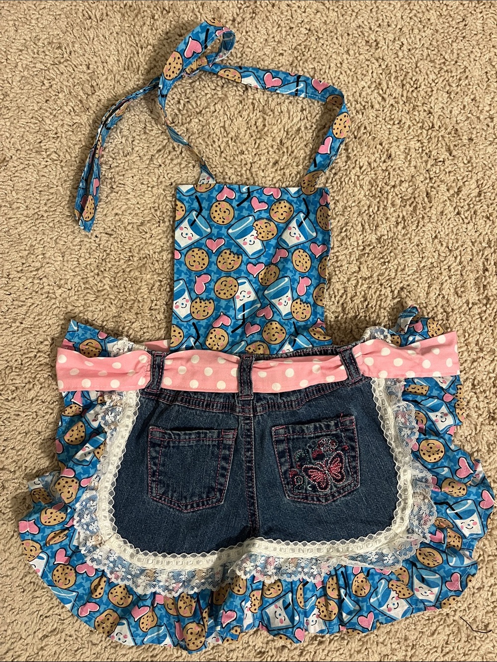 Girls Blue Cookie Print Denim Skirt Apron with Pink Polka Dot Waist
